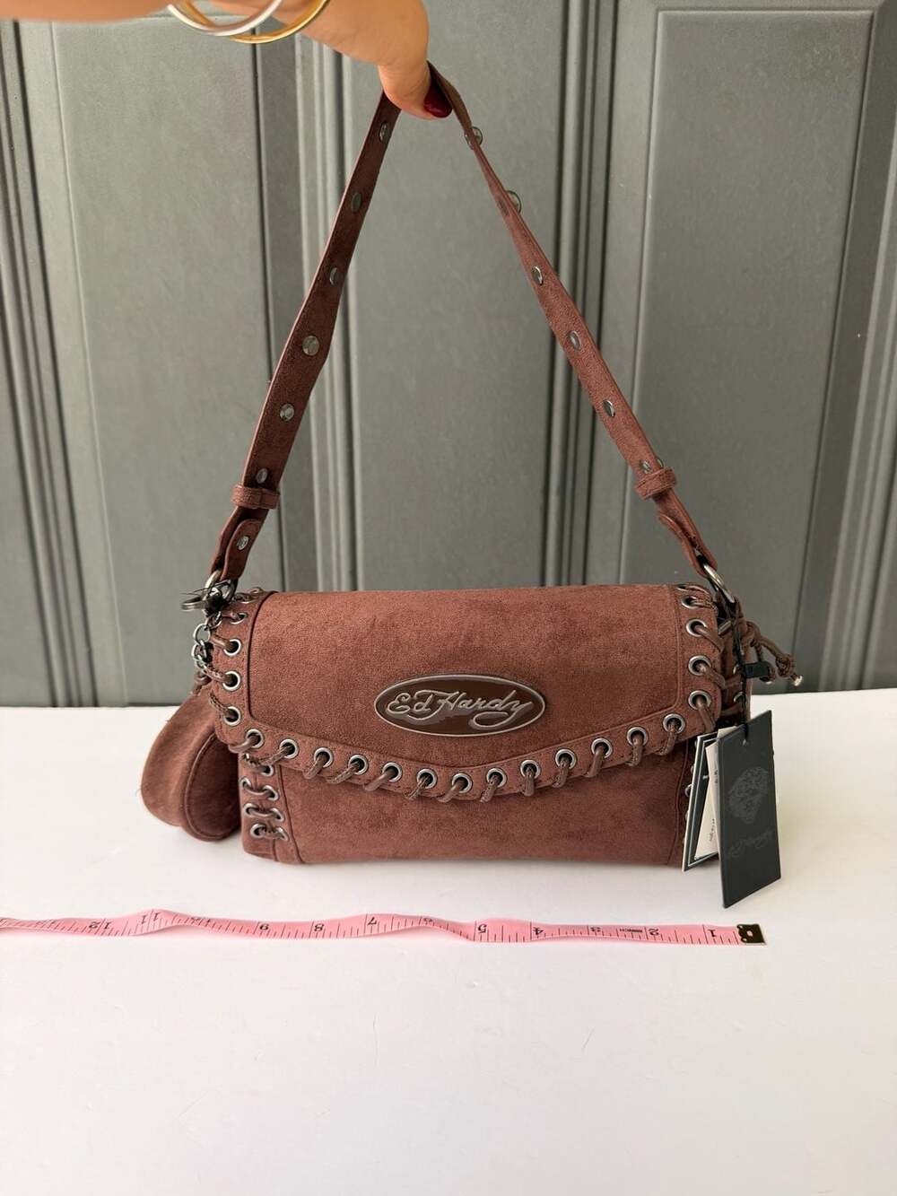 Ed Hardy BrownFaux Suede ShoulderBag With Removable CoinPouch & Grommet Details